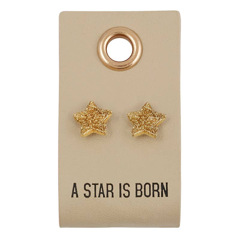 Sparkly Gold Star Earrings on Leather Tag